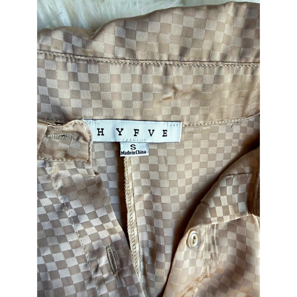 HYFVE Button-Up Collared Top Womens S Beige Check Long Sleeve